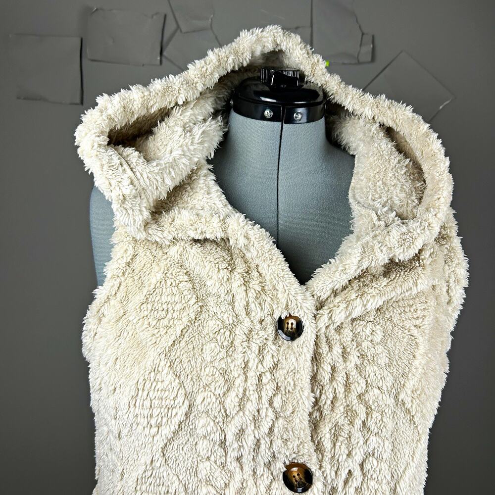 Women’s Ivory Hooded Cable Knit Button Front Vest w/ Pockets Size L